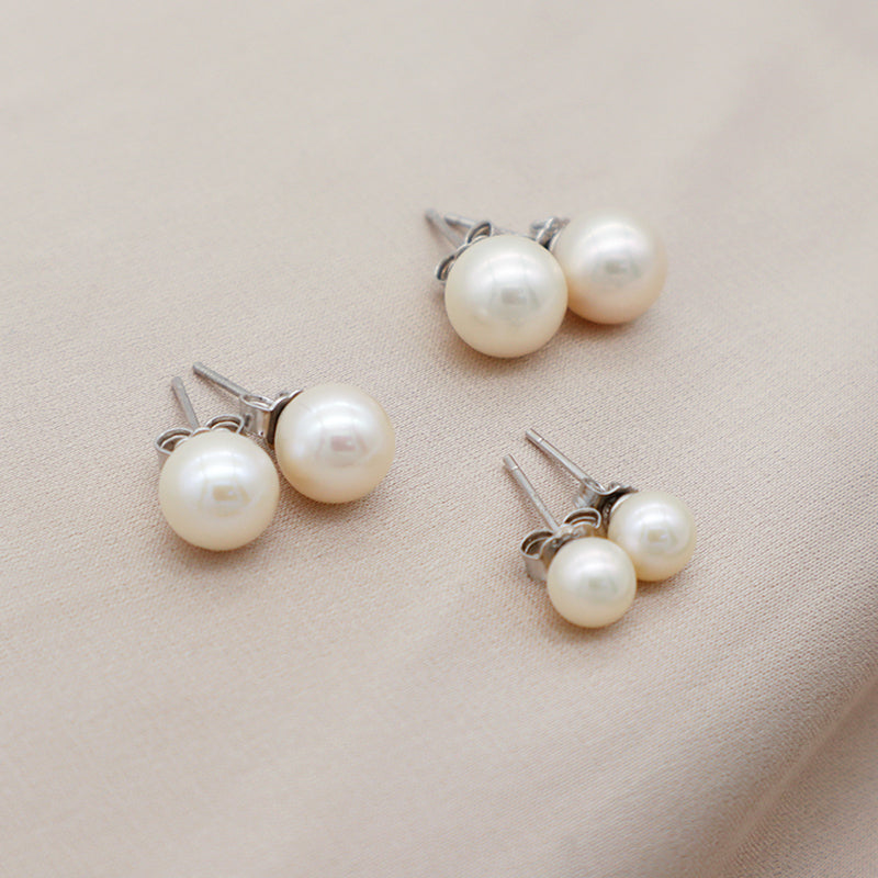 18K Gold Plated 925 Sterling Silver Earring Stud Round White Freshwater Cultured Pearl Earrings