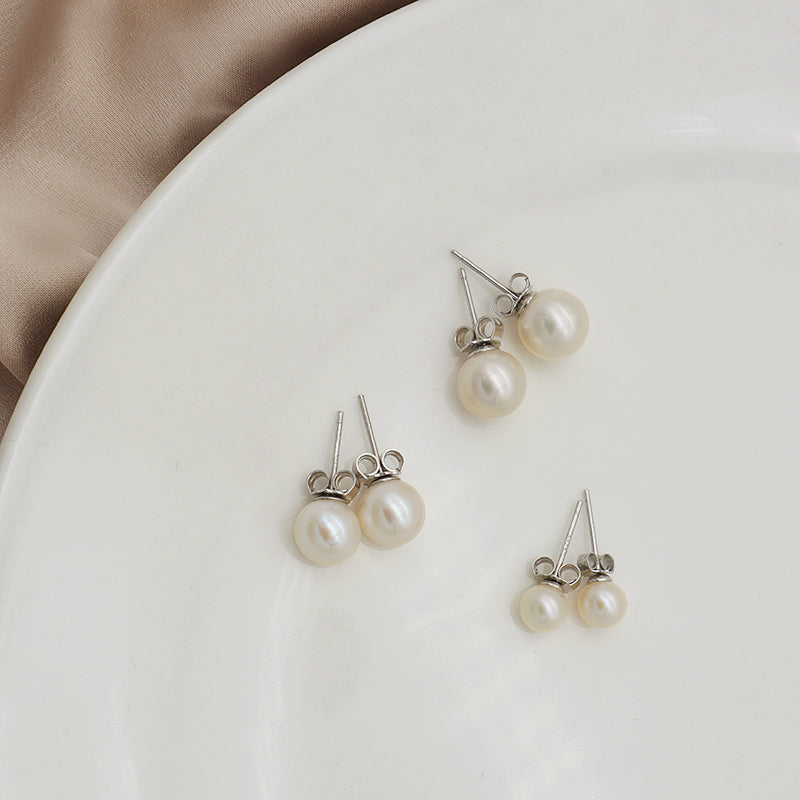 18K Gold Plated 925 Sterling Silver Earring Stud Round White Freshwater Cultured Pearl Earrings
