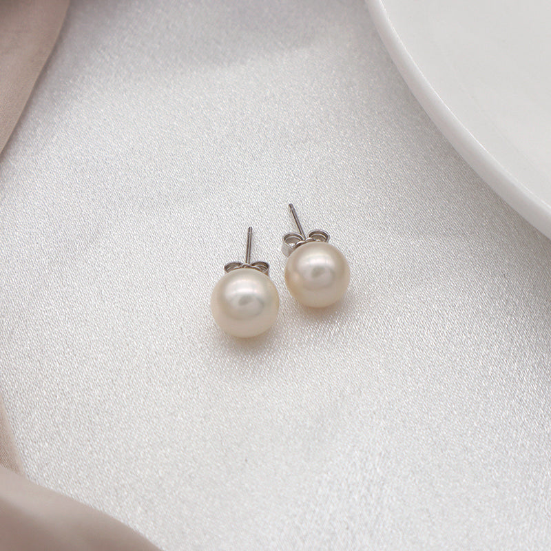 18K Gold Plated 925 Sterling Silver Earring Stud Round White Freshwater Cultured Pearl Earrings