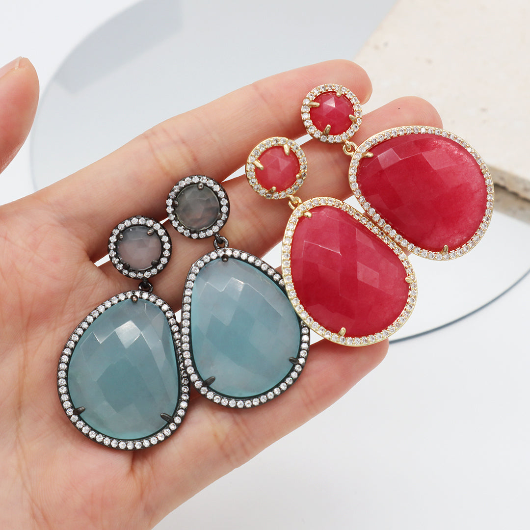 Various Wholesale Custom Teardrop Blue Purple Red Green Jade Earring Stud CZ Gold Plated Natural Stone Earrings For Women Gift
