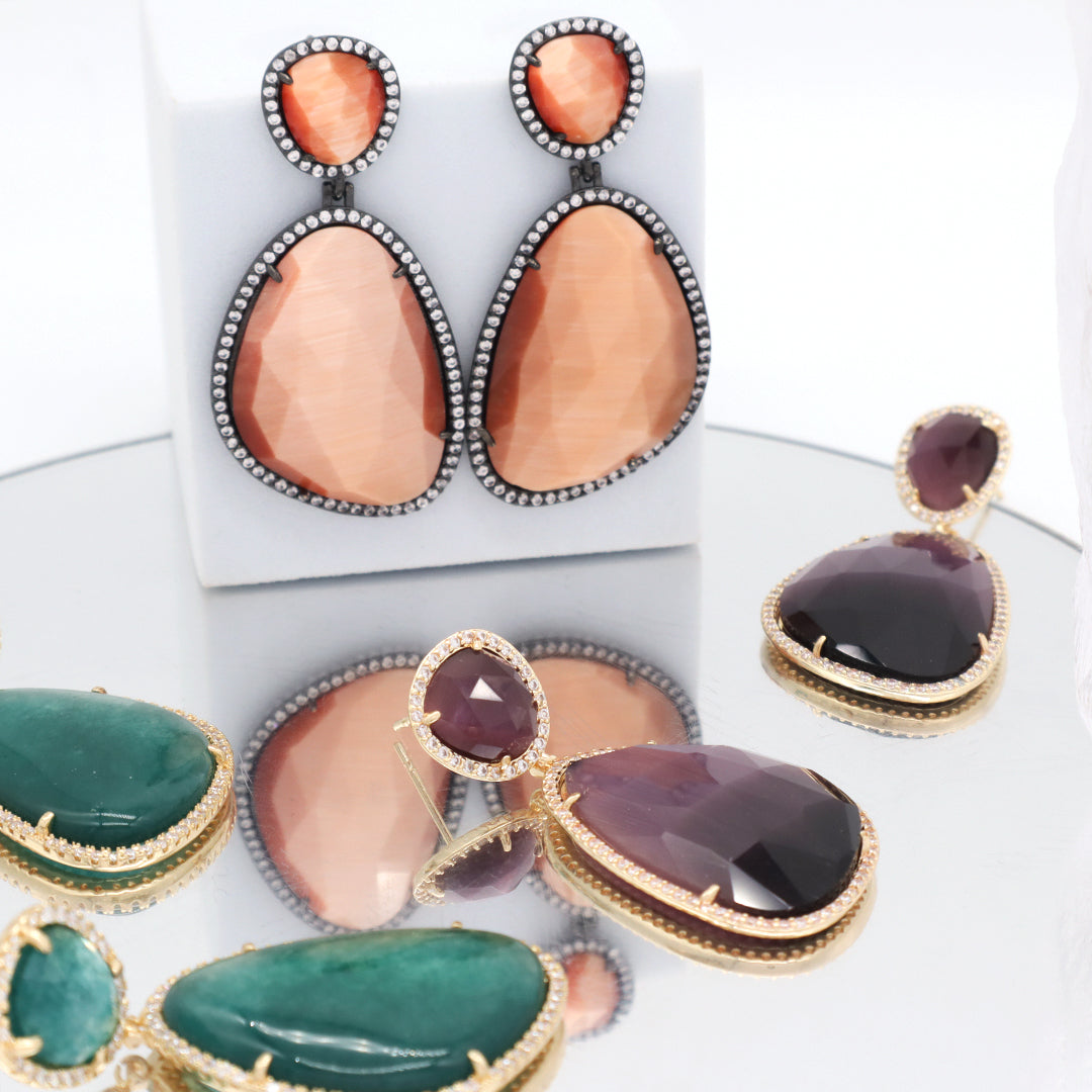 Newest Women Jewelry Various Color Custom Gift Factory CZ Drop Earrings Dangle Stud Earrings Gold Plated Natural Stone Earrings