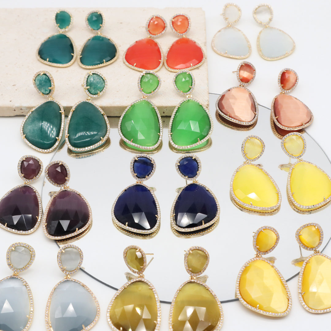 Newest Women Jewelry Various Color Custom Gift Factory CZ Drop Earrings Dangle Stud Earrings Gold Plated Natural Stone Earrings