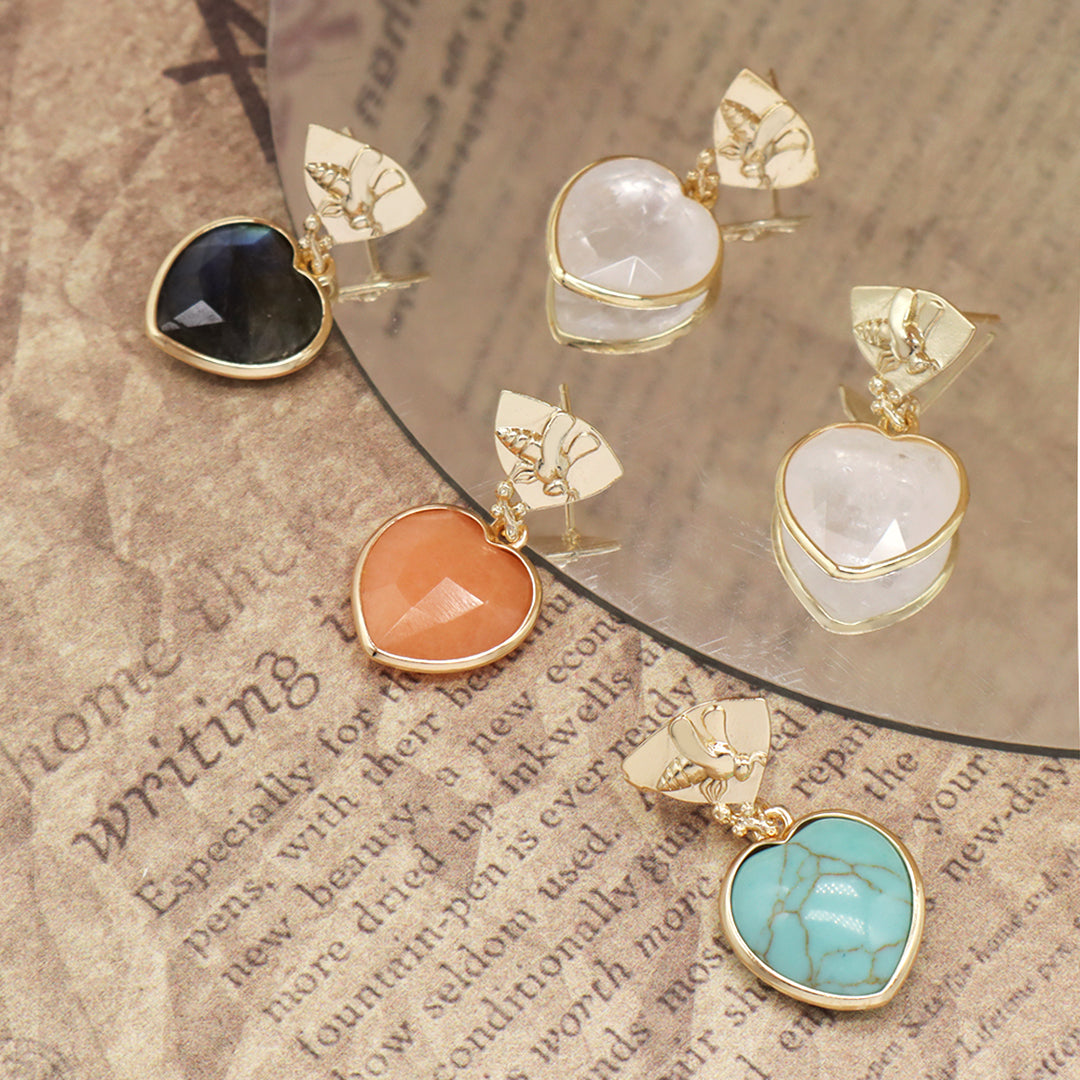 Wholesale Manufacture Women Custom Factory Various Color Gold Plated Bee Earring Stud heart shape Natural Stone Earring for Gift