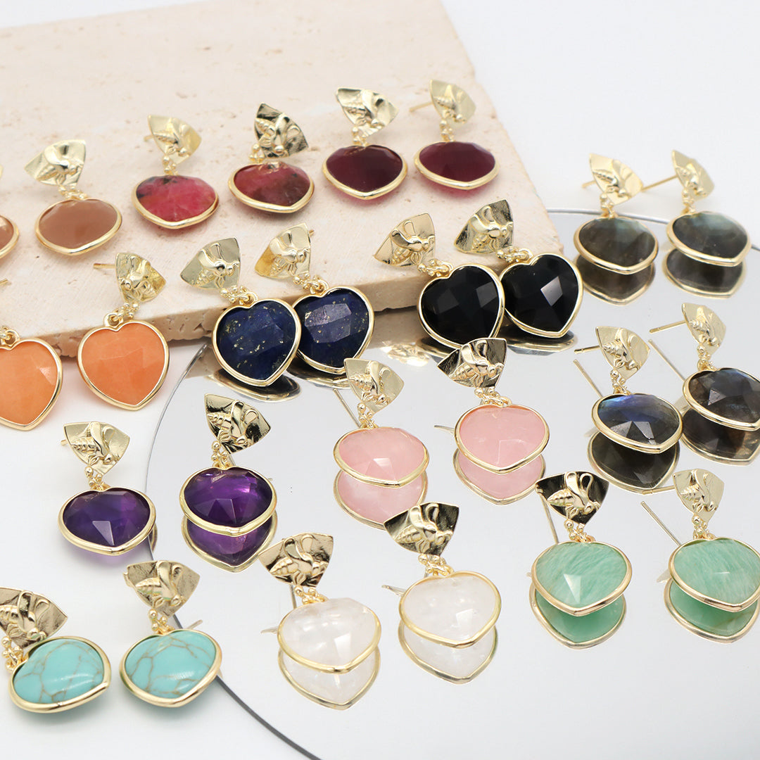 Wholesale Manufacture Women Custom Factory Various Color Gold Plated Bee Earring Stud heart shape Natural Stone Earring for Gift