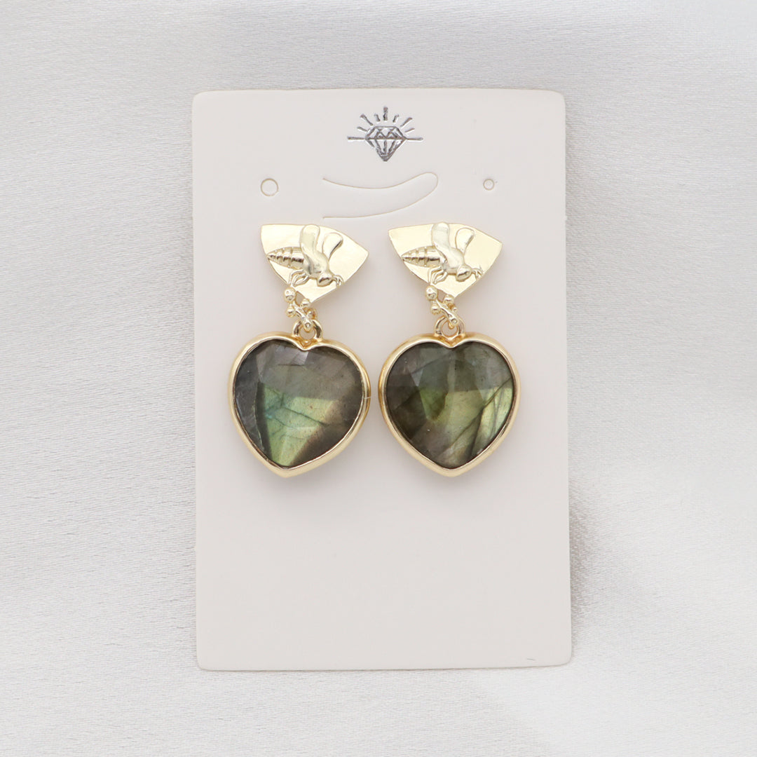 Wholesale Manufacture Women Custom Factory Various Color Gold Plated Bee Earring Stud heart shape Natural Stone Earring for Gift