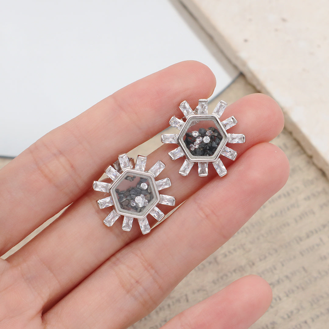 Good Quality New Fashion Manufacture Wholesale China Factory Custom Hexagon Glass Mirror CZ Rhodium Plated 925 Sterling Silver Stud Earring For Women Gift