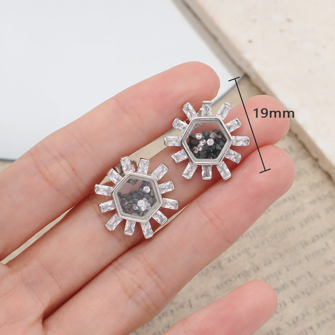 Good Quality New Fashion Manufacture Wholesale China Factory Custom Hexagon Glass Mirror CZ Rhodium Plated 925 Sterling Silver Stud Earring For Women Gift