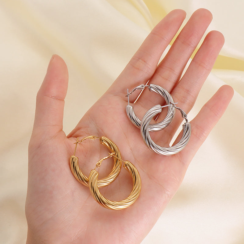 Trendy Women Gift Jewelry Wholesale Custom Twist Earring Hoops Gold Plated Stainless Steel Chunky Hollowed Large Hoops Earrings
