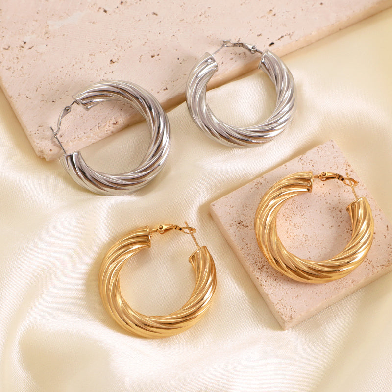 Wholesale Custom Twist Earring Hoops Fashion Women Gift Jewelry Chunky Hollowed Large Gold Plated Stainless Steel Hoops Earrings