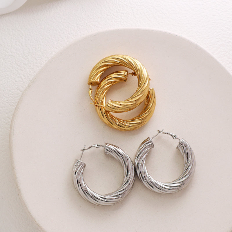Wholesale Custom Twist Earring Hoops Fashion Women Gift Jewelry Chunky Hollowed Large Gold Plated Stainless Steel Hoops Earrings