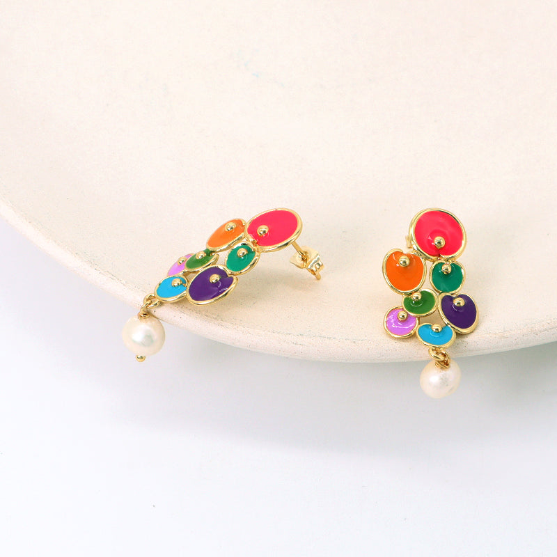 Manufacture Factory Custom Wholesale Trendy Women Stud Earrings Jewelry Gold Plated Colorful Enamel Pearl Earrings Stud For Gift