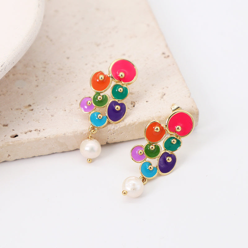 Manufacture Factory Custom Wholesale Trendy Women Stud Earrings Jewelry Gold Plated Colorful Enamel Pearl Earrings Stud For Gift