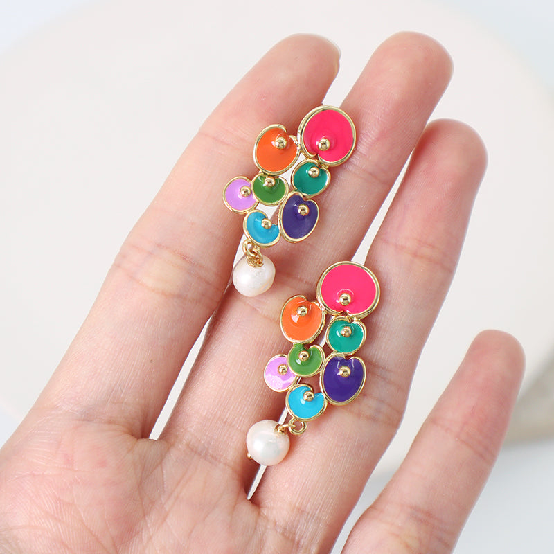 Manufacture Factory Custom Wholesale Trendy Women Stud Earrings Jewelry Gold Plated Colorful Enamel Pearl Earrings Stud For Gift