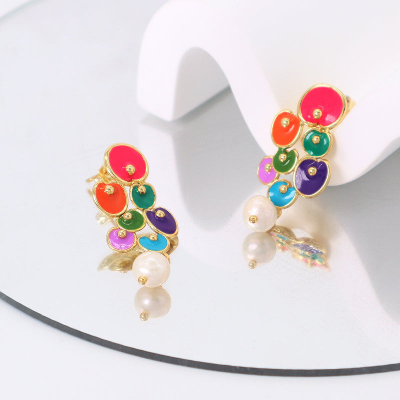 Manufacture Factory Custom Wholesale Trendy Women Stud Earrings Jewelry Gold Plated Colorful Enamel Pearl Earrings Stud For Gift