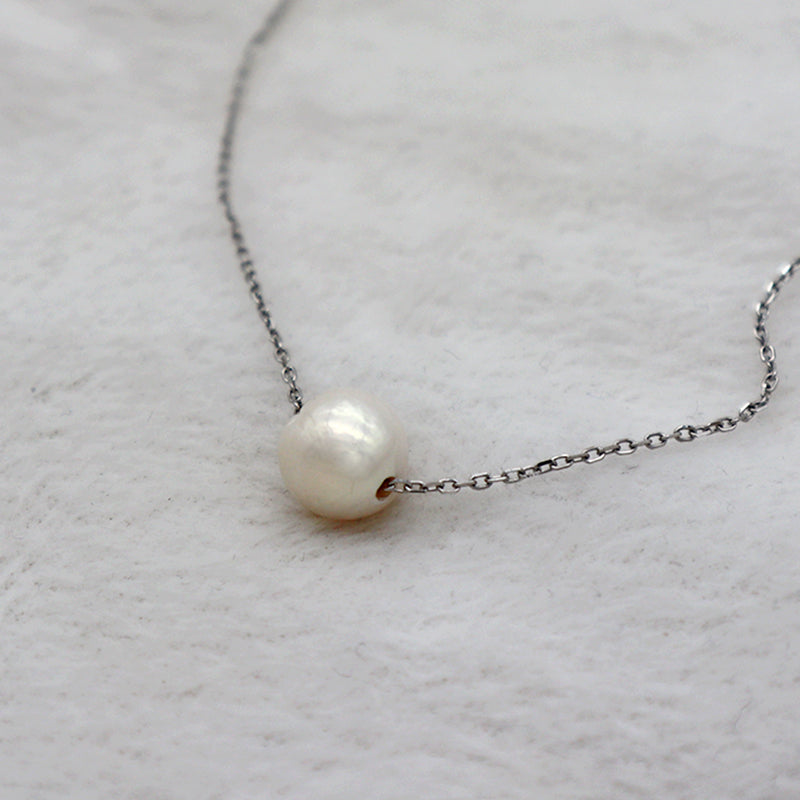 China Manufacturer Fashion Style Round White Fresh Water Pearl 925 Sterling Silver Rhodium Plating Necklace For Women