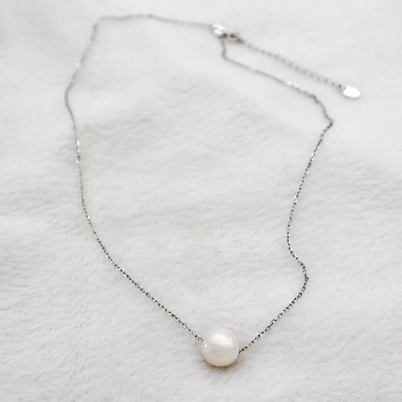 China Manufacturer Fashion Style Round White Fresh Water Pearl 925 Sterling Silver Rhodium Plating Necklace For Women