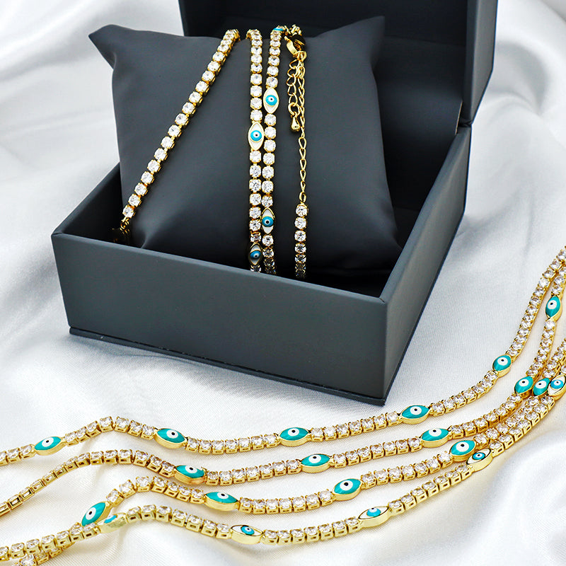 2021 New Design Micro Paved CZ Lucky Turkish Lady Party Gold Plated Shaped Oval Blue Evil Eyes chocker Necklace