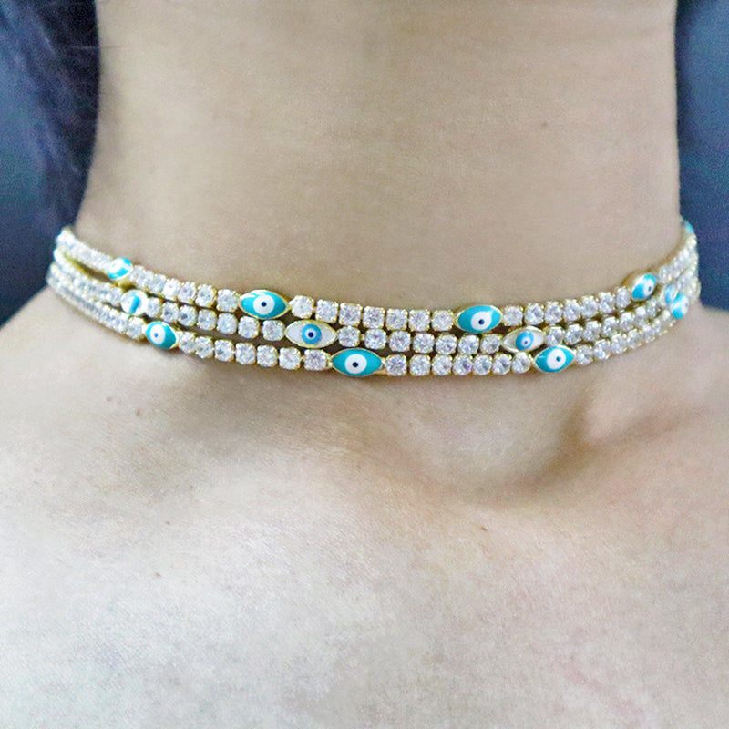 2021 New Design Micro Paved CZ Lucky Turkish Lady Party Gold Plated Shaped Oval Blue Evil Eyes chocker Necklace