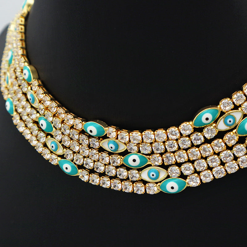 2021 New Design Micro Paved CZ Lucky Turkish Lady Party Gold Plated Shaped Oval Blue Evil Eyes chocker Necklace