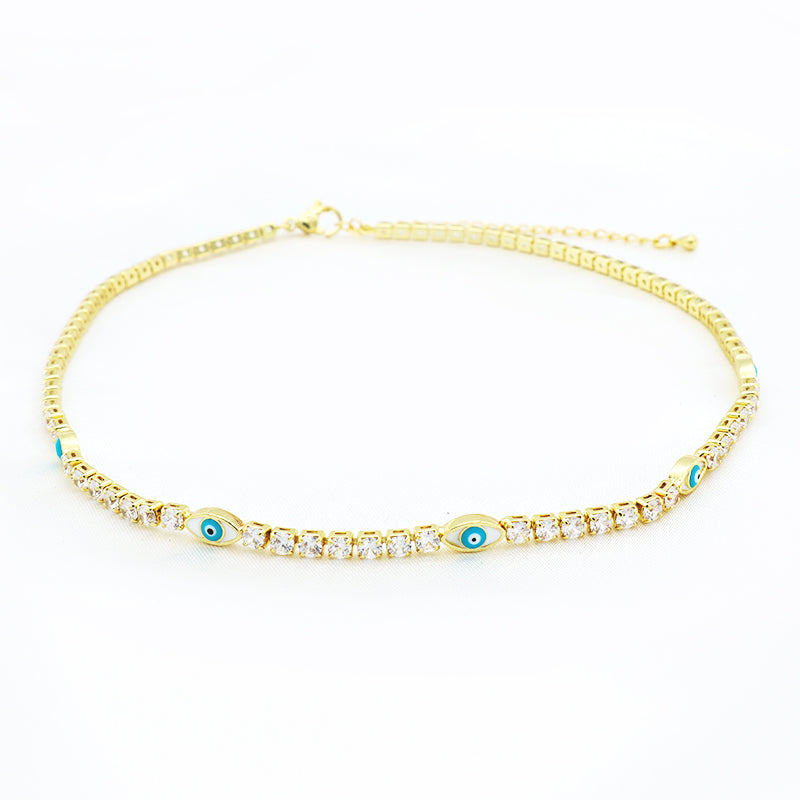 2021 New Design Micro Paved CZ Lucky Turkish Lady Party Gold Plated Shaped Oval Blue Evil Eyes chocker Necklace