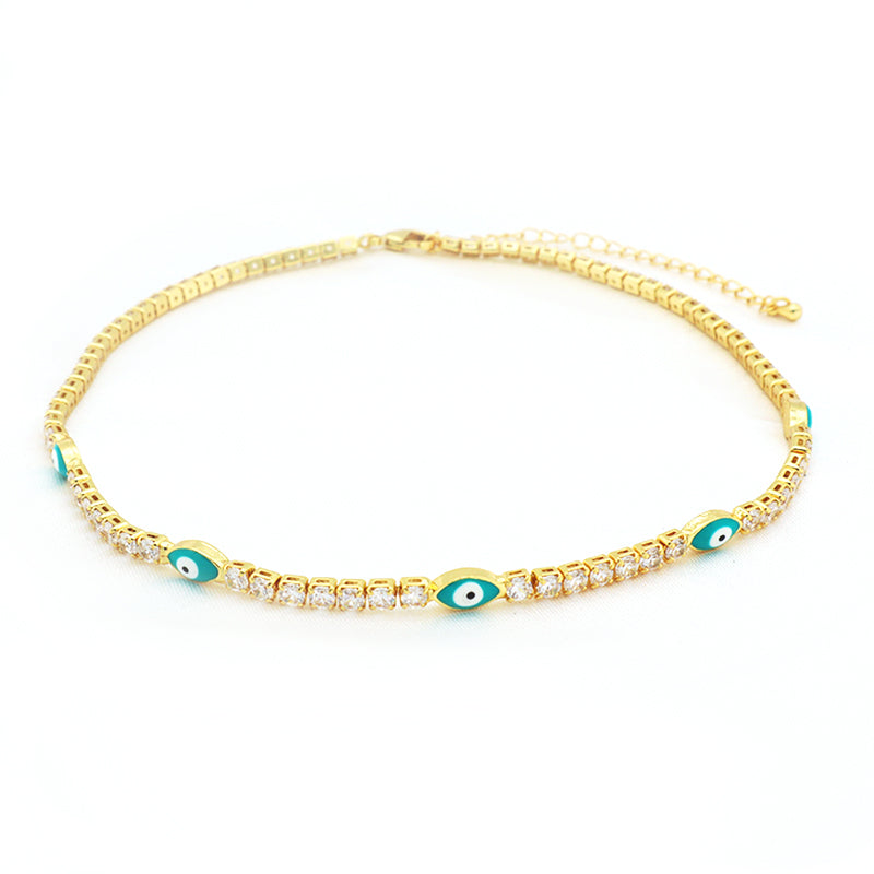 2021 New Design Micro Paved CZ Lucky Turkish Lady Party Gold Plated Shaped Oval Blue Evil Eyes chocker Necklace
