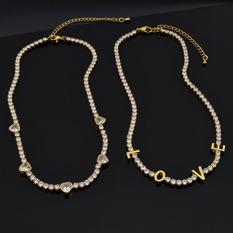 Gold plated LOVE white CZ iced out tennis chain love chokers necklace