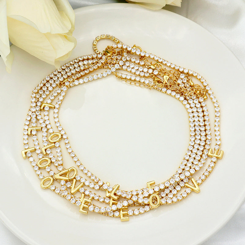 Gold plated LOVE white CZ iced out tennis chain love chokers necklace