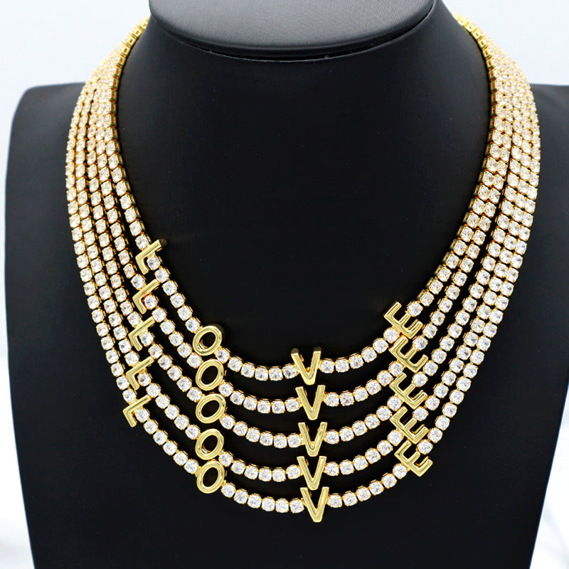 Gold plated LOVE white CZ iced out tennis chain love chokers necklace