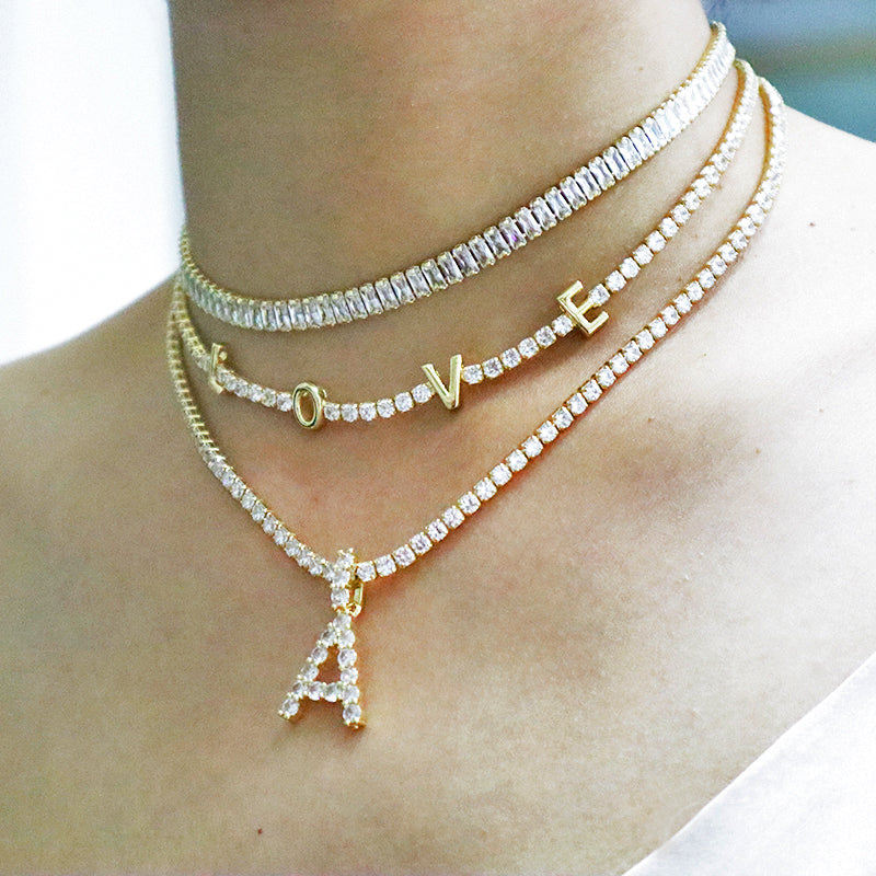 Gold plated LOVE white CZ iced out tennis chain love chokers necklace