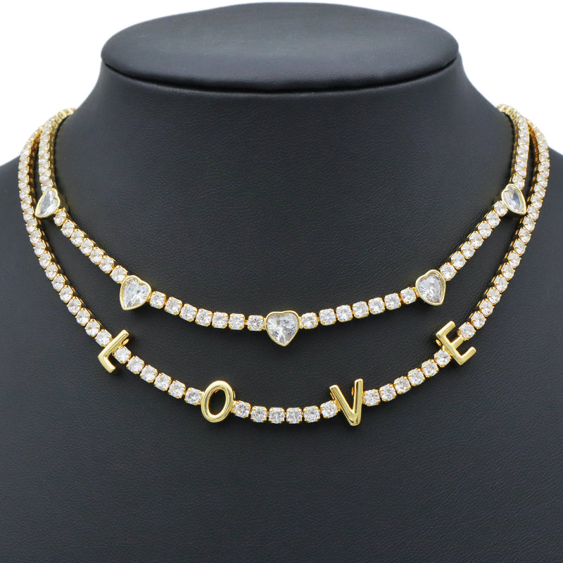 Gold plated LOVE white CZ iced out tennis chain love chokers necklace
