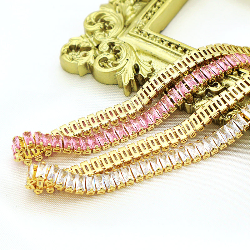 New Arrival Hip Hop 18K Gold Color Plated 1 Row Tennis Chain For Women Pink Bling Bling Full Diamond CZ Adjustable Necklace