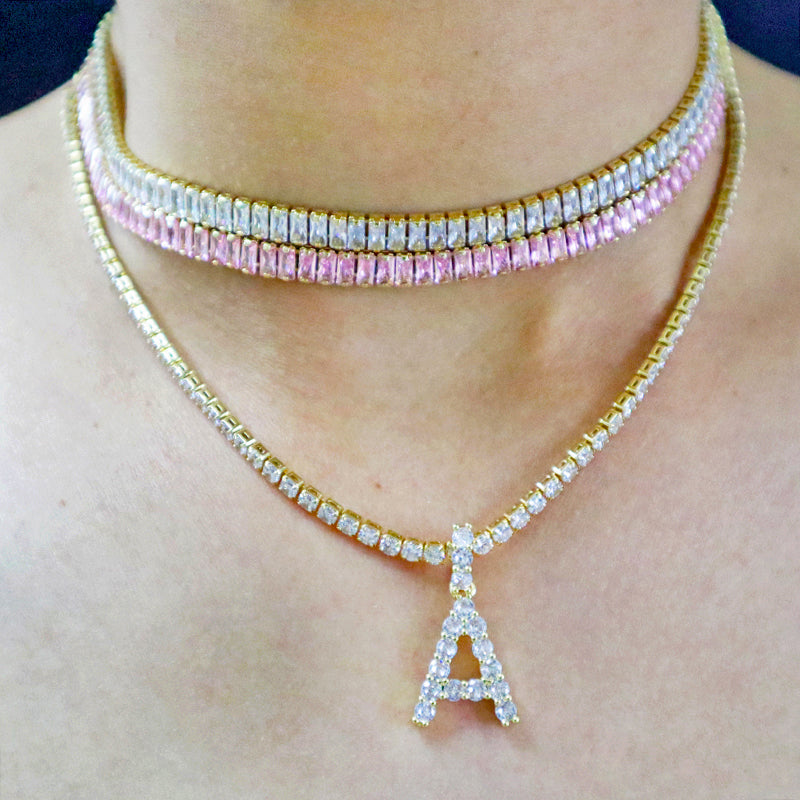 New Arrival Hip Hop 18K Gold Color Plated 1 Row Tennis Chain For Women Pink Bling Bling Full Diamond CZ Adjustable Necklace