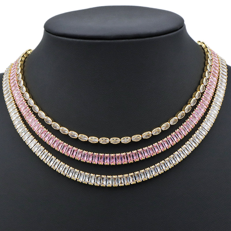 New Arrival Hip Hop 18K Gold Color Plated 1 Row Tennis Chain For Women Pink Bling Bling Full Diamond CZ Adjustable Necklace