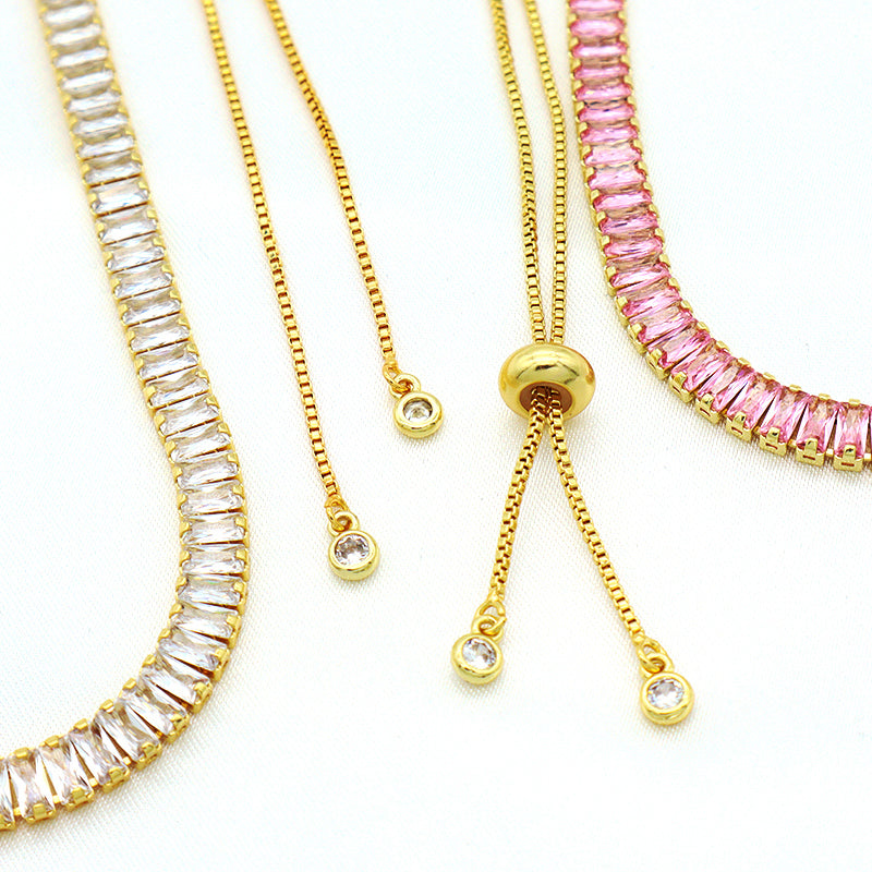 New Arrival Hip Hop 18K Gold Color Plated 1 Row Tennis Chain For Women Pink Bling Bling Full Diamond CZ Adjustable Necklace