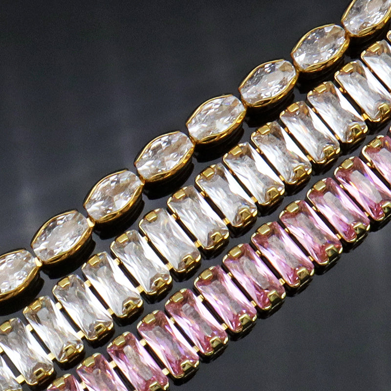 New Arrival Hip Hop 18K Gold Color Plated 1 Row Tennis Chain For Women Pink Bling Bling Full Diamond CZ Adjustable Necklace