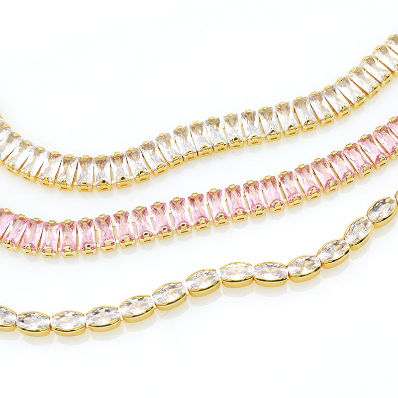 New Arrival Hip Hop 18K Gold Color Plated 1 Row Tennis Chain For Women Pink Bling Bling Full Diamond CZ Adjustable Necklace