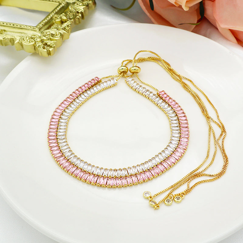 New Arrival Hip Hop 18K Gold Color Plated 1 Row Tennis Chain For Women Pink Bling Bling Full Diamond CZ Adjustable Necklace