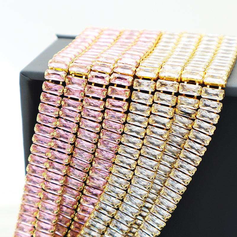 New Arrival Hip Hop 18K Gold Color Plated 1 Row Tennis Chain For Women Pink Bling Bling Full Diamond CZ Adjustable Necklace