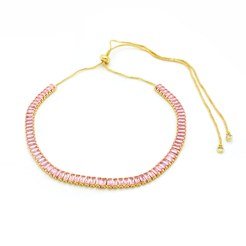New Arrival Hip Hop 18K Gold Color Plated 1 Row Tennis Chain For Women Pink Bling Bling Full Diamond CZ Adjustable Necklace