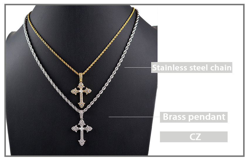 trendy jewelry gold plate 2021 with CZ pendant stainless steel chain Hip hop cross necklace
