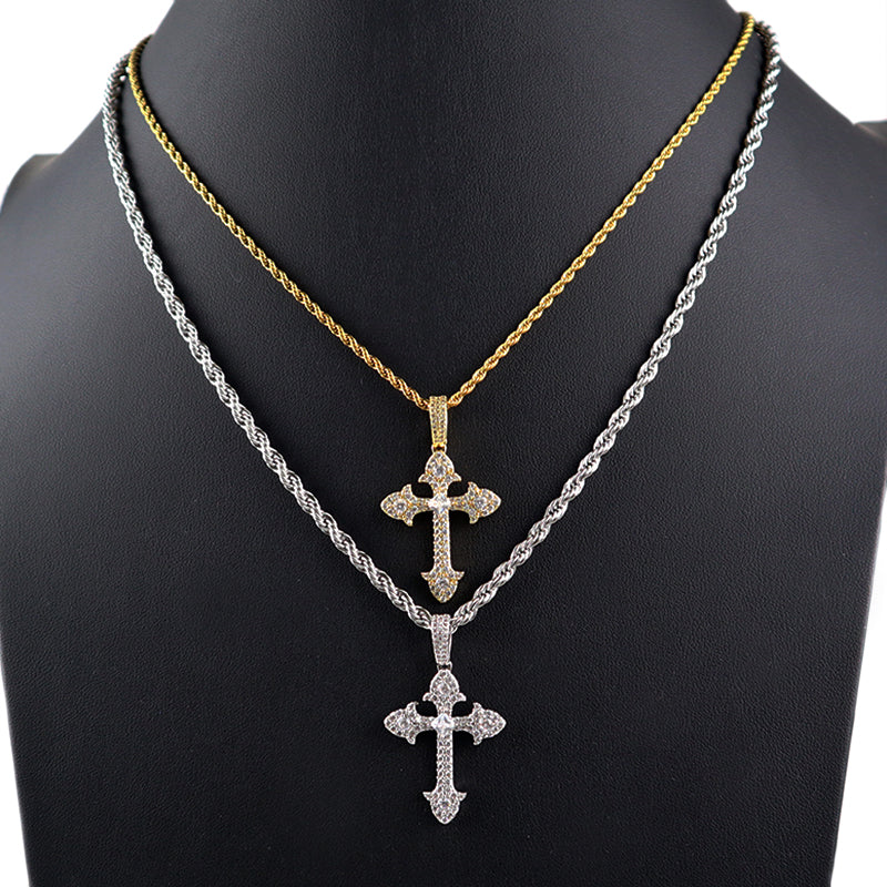 trendy jewelry gold plate 2021 with CZ pendant stainless steel chain Hip hop cross necklace