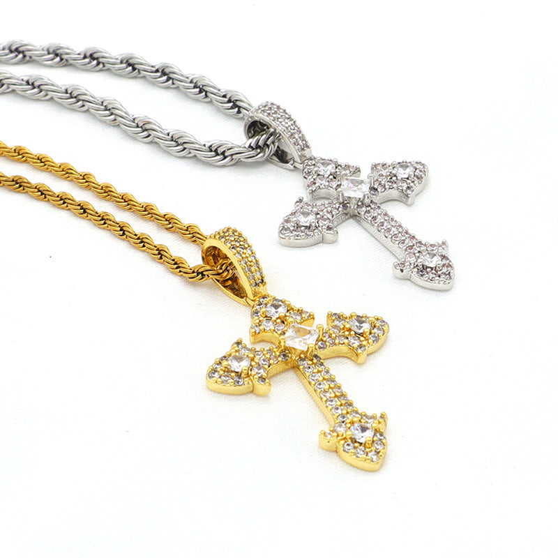 trendy jewelry gold plate 2021 with CZ pendant stainless steel chain Hip hop cross necklace
