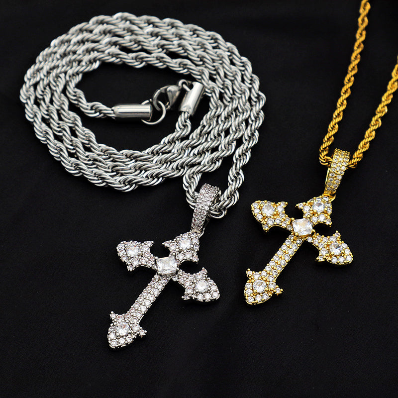 trendy jewelry gold plate 2021 with CZ pendant stainless steel chain Hip hop cross necklace