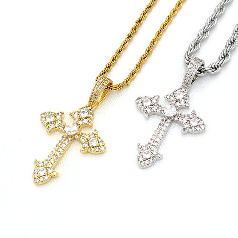trendy jewelry gold plate 2021 with CZ pendant stainless steel chain Hip hop cross necklace