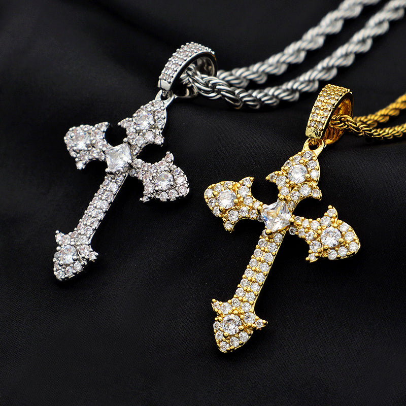 trendy jewelry gold plate 2021 with CZ pendant stainless steel chain Hip hop cross necklace