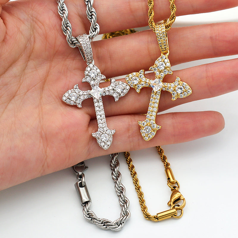 trendy jewelry gold plate 2021 with CZ pendant stainless steel chain Hip hop cross necklace