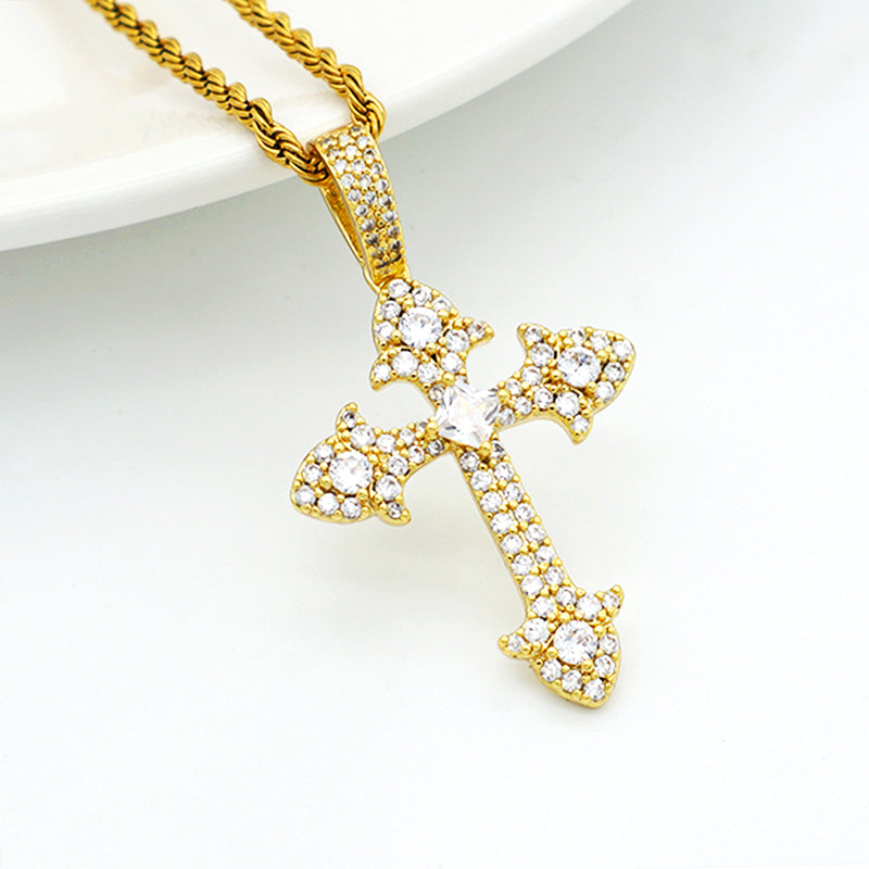 trendy jewelry gold plate 2021 with CZ pendant stainless steel chain Hip hop cross necklace