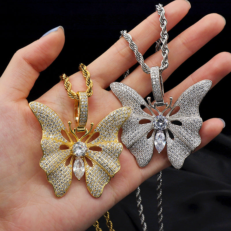 Top quality CZ setting pendant stainless steel chain 18K gold plated big butterfly necklace