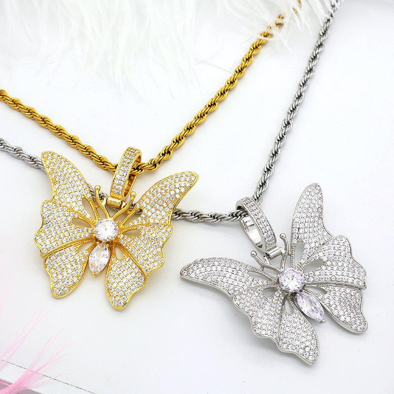 Top quality CZ setting pendant stainless steel chain 18K gold plated big butterfly necklace
