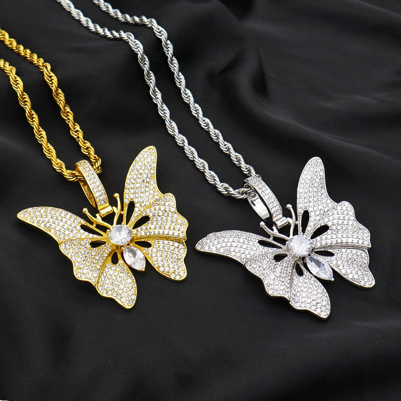 Top quality CZ setting pendant stainless steel chain 18K gold plated big butterfly necklace